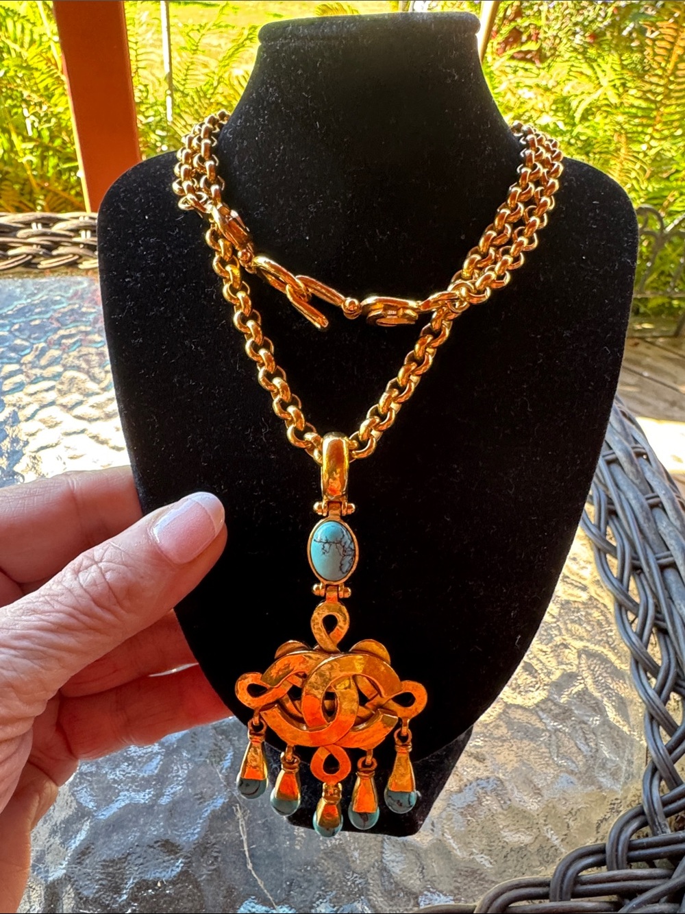 Channel RARE Gold Pendant Necklace w Turquoise Beads A Beauty 24k Gold Plated